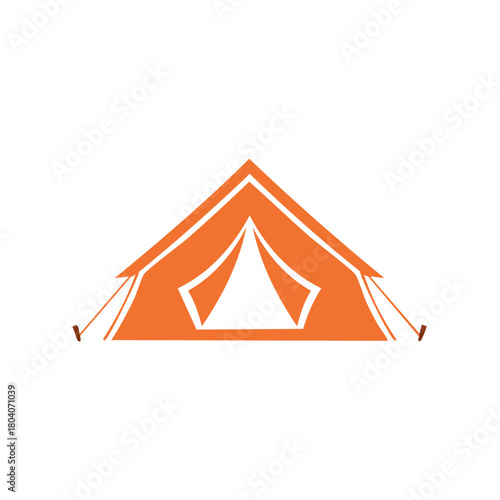 Bright orange camping tent graphic with triangular entrance and guy lines