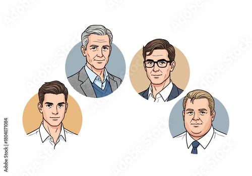 Illustration of four diverse male portraits in circles, representing different ages and ethnicities