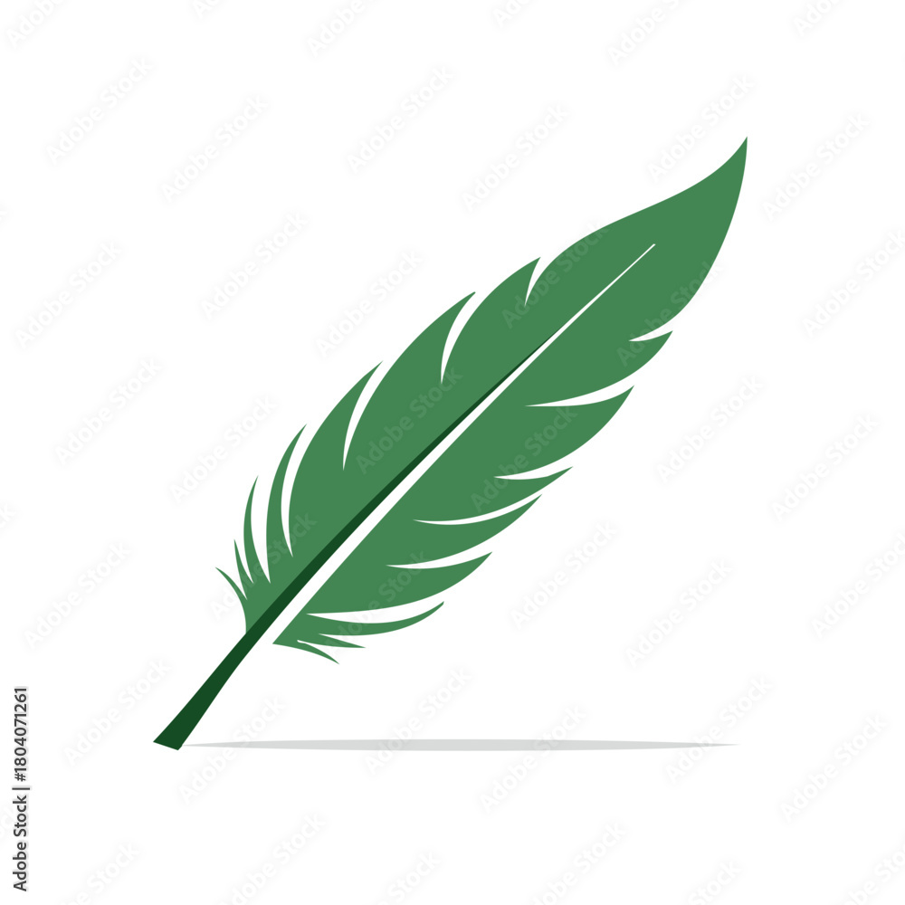 Obraz premium Single green quill feather with detailed barbs on a white background