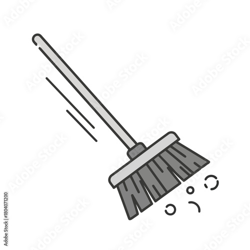 Illustration of a simple line art illustration of a broom sweeping dust on a