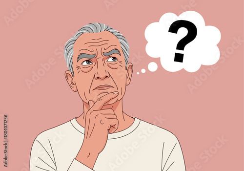 Illustration of an elderly man with gray hair is thinking, with a question mark in a thought bubble above his head, representing confusion or a dilemma