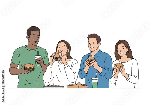 Illustration of a diverse group of friends enjoying delicious burgers and drinks together