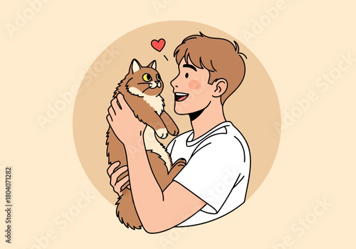Illustration of a happy young man holding a fluffy ginger cat with a heart above its head, illustrating love and companionship between a person and their pet