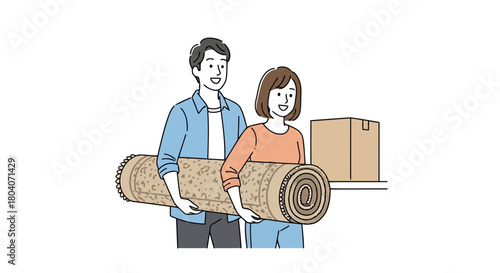 Illustration of a smiling couple carries a rolledup carpet, preparing for a move, with a cardboard box nearby