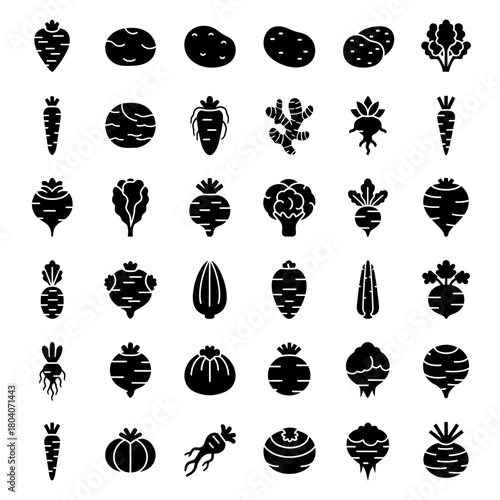 Collection of various root vegetables and tubers in a solid black silhouette style.