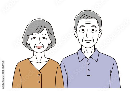 Illustration of a simple illustration of an elderly couple, a man and a woman, standing side by side and smiling