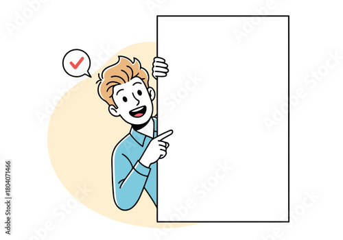 Illustration of a happy man pointing to a blank board, with a checkmark in a speech bubble