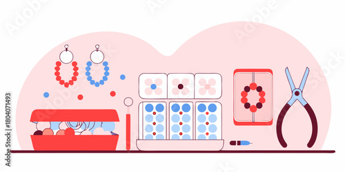 A kit for making beaded jewelry and crafts. Includes handmade pearl beads and other beads in boxes. A fun and creative DIY project or hobby.