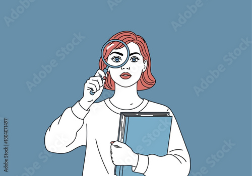 Illustration of a woman with short red hair holding a magnifying glass to her eye and a blue folder in her other hand, looking intently at the viewer, minimalist illustration