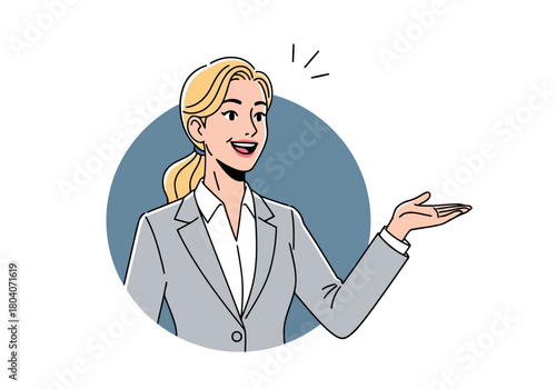 Illustration of a smiling businesswoman in a grey suit, with blonde hair in a ponytail, gestures with her right hand in a presentation pose against a blue circular background