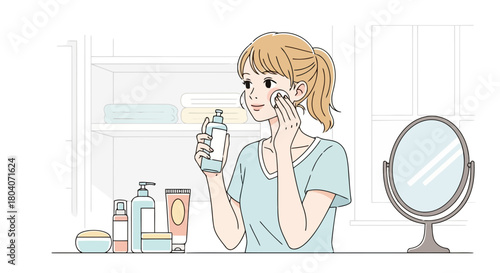 Illustration of young woman applying toner to her face with a cotton pad, surrounded by skincare products and a mirror