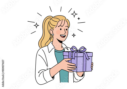 Illustration of a happy woman with blonde hair in a ponytail, wearing a white shirt, holding a purple gift box with a blue ribbon