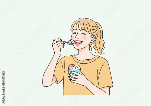Illustration of a happy young woman with blonde hair in a ponytail, wearing a yellow tshirt, joyfully eating ice cream from a cup with a spoon, isolated on a light background