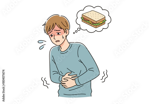 Illustration of a young man is holding his stomach in pain, thinking about a sandwich