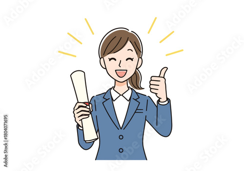 Illustration of young woman in blue suit holding a diploma and giving a thumbs up