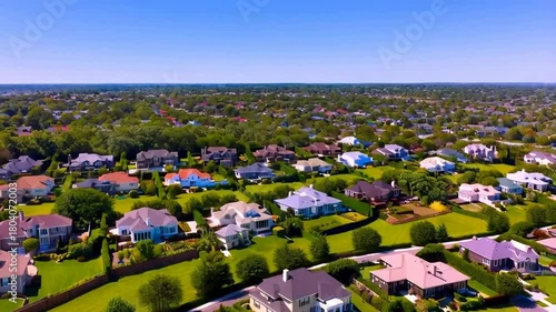 Aerial Drone View of Suburban Residential Neighborhood with Luxury Houses and Green Trees
