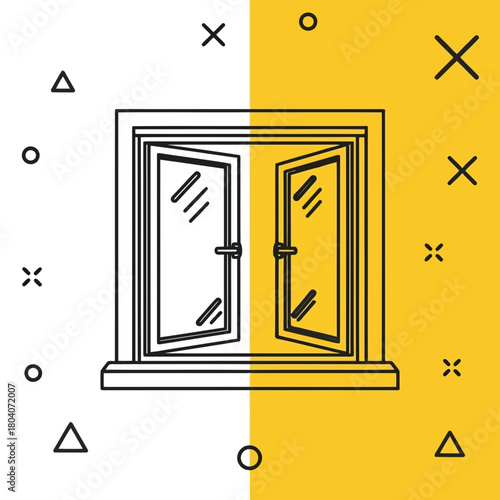 Illustration of open double doors with glass panes set in a frame, a graphic illustration on a split yellow and with abstract shapes