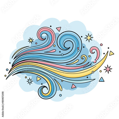 Illustration of stylized illustration of swirling wind currents with colorful pastel hues and small star and triangle accents, conveying a sense of movement and energy