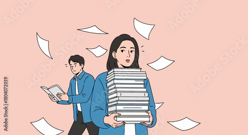 Illustration of young woman overwhelmed with a stack of books while a man reads in the background, papers flying around them, representing study and workload