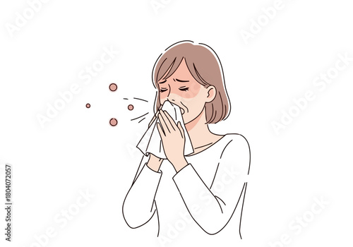 Illustration of woman blowing her nose with a tissue, sneezing and spreading germs