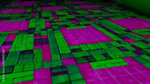 Abstract Futuristic Grid Floor with Green and Purple Neon Lights
