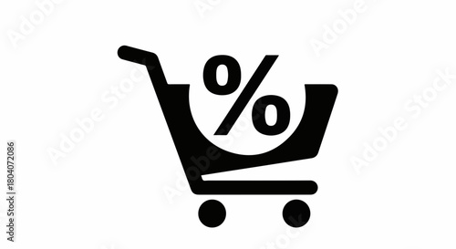 Shopping cart icon presents symbol discount in black and white, minimalist design. Shopping cart icon displays sale season, bargain, and price off deals in commercial context.
