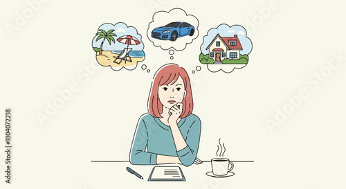 Illustration of a woman sits at a desk, contemplating her future dreams of a new car, a vacation, and a house