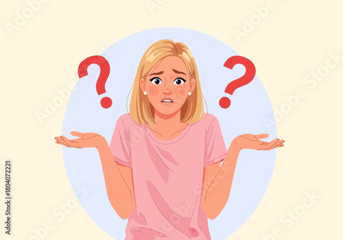 Illustration of a confused young woman with blonde hair shrugging her shoulders with question marks around her head, illustrating uncertainty and doubt