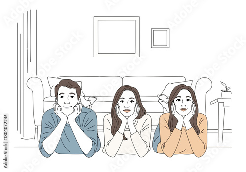 Illustration of three people, a man and two women, sitting on the floor in front of a couch with their chins resting on their hands