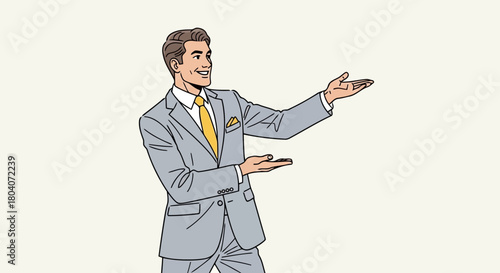 Illustration of a smiling businessman in a grey suit and yellow tie gestures with his hands, isolated on a light background, conveying professionalism and presentation
