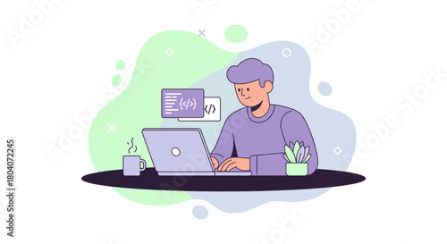 A man works on his laptop, analyzing data and charts, with a coffee cup and a plant nearby, in a modern, flat vector illustration.