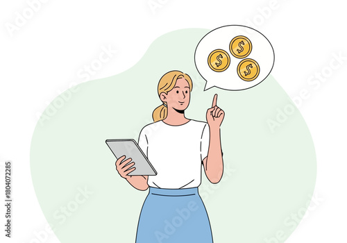 Illustration of young woman holding a tablet and thinking about money, with coins in a speech bubble above her head, illustrating financial planning or investment concepts