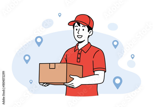 Illustration of delivery man holding a package, representing logistics and shipping services with location pins in the background