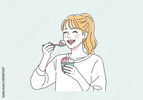 Illustration of young woman with blonde ponytail happily eating ice cream from a cup with a spoon, enjoying a sweet treat on a light blue background