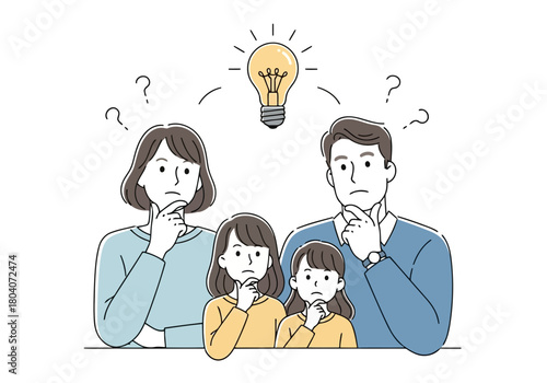 Illustration of a family of four, parents and two children, thinking with question marks and a lightbulb symbolizing an idea