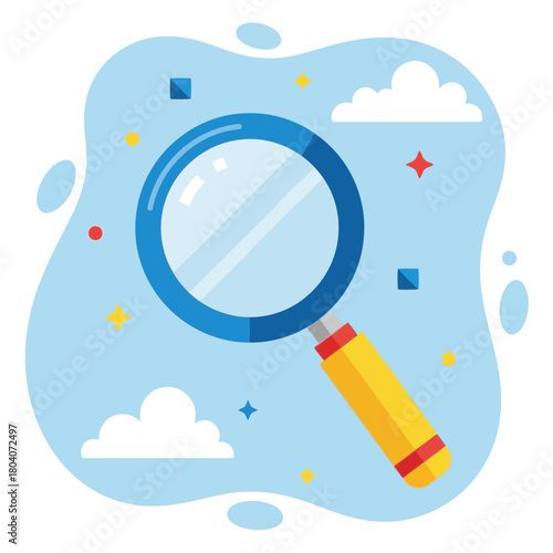 Illustration of a magnifying glass on a light blue background with abstract shapes and clouds, symbolizing search and discovery