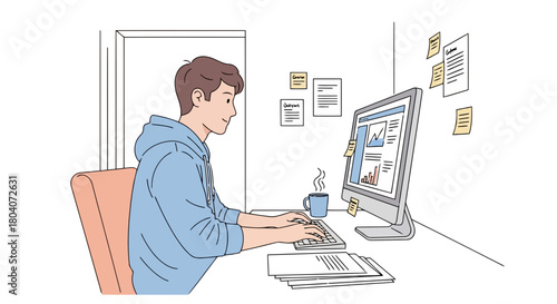 Illustration of young man sitting at a desk and working on a computer with a cup of coffee and papers nearby, illustration