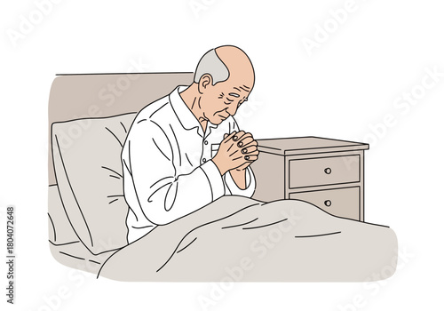 Illustration of an elderly man in bed, with his hands clasped together, praying or meditating with a look of deep thought and reflection
