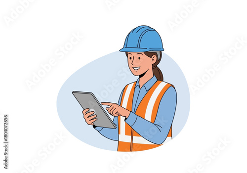 Illustration of a female construction worker wearing a hard hat and safety vest, looking at a tablet device with a smile