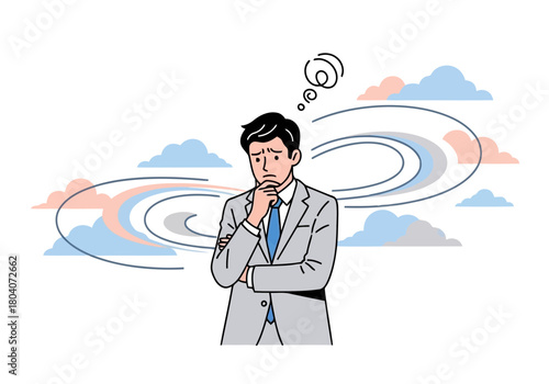 Illustration of a businessman in a suit stands with his hand on his chin, looking thoughtful with swirling lines and clouds in the background, representing confusion or contemplation