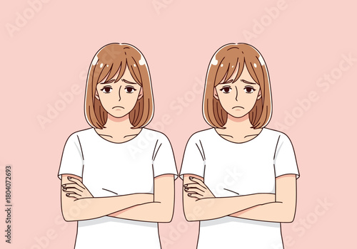 Illustration of two young women with arms crossed and unhappy expressions, looking at the viewer with a pink background