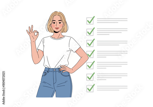 Illustration of woman giving an okay sign with a checklist in the background