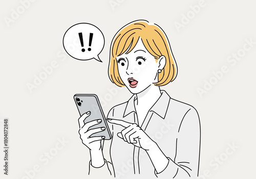 Illustration of woman looking at smartphone with shocked expression, exclamation marks in speech bubble
