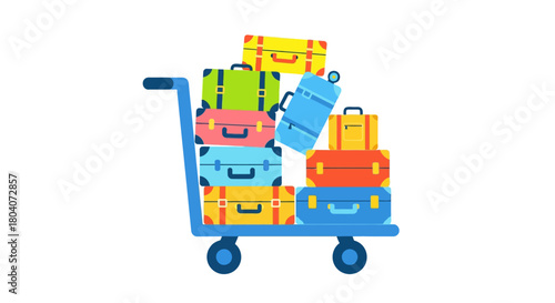 Luggage Cart Full of Colorful Suitcases for Travel.