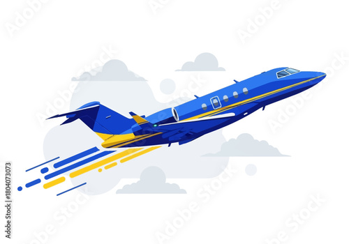 Blue and Yellow Private Jet Taking Off.