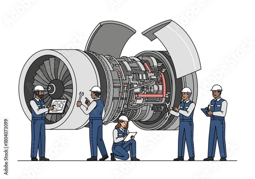 Aircraft Engine Maintenance Team Inspecting Jet Engine.
