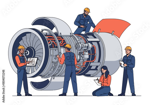 Aircraft Engine Maintenance Team Inspecting Jet Turbine.