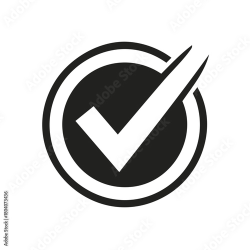 Stylized Vector Tick Mark Inside Circle, Black and White Icon, Completion Symbol, Approval, Checkmark Sign