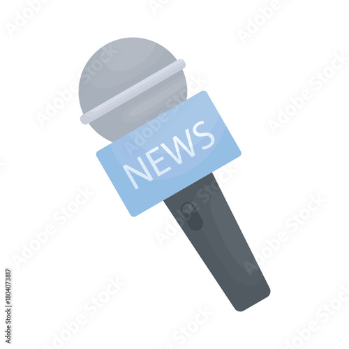 A news journalist microphone on a white background. A TV news channel.
