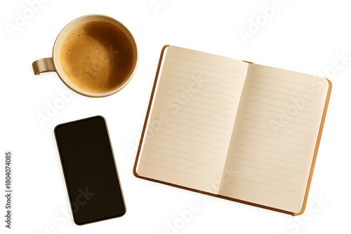 A warm, cozy overhead scene featuring a ceramic coffee mug, an open lined notebook, and a smartphone arranged on a softly sunlit surface